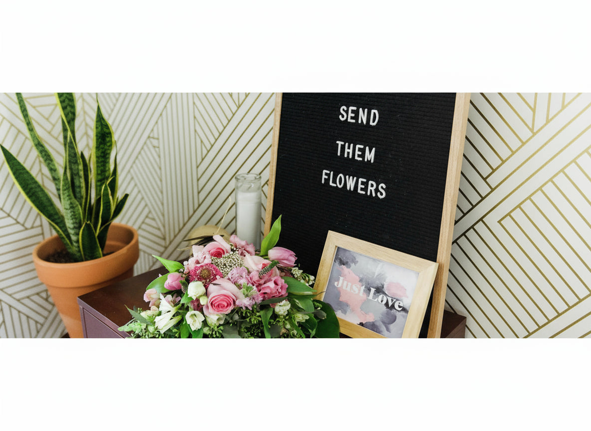 Pink rose bouquet with greenery beside “Send Them Flowers” sign and “Just Love” frame.