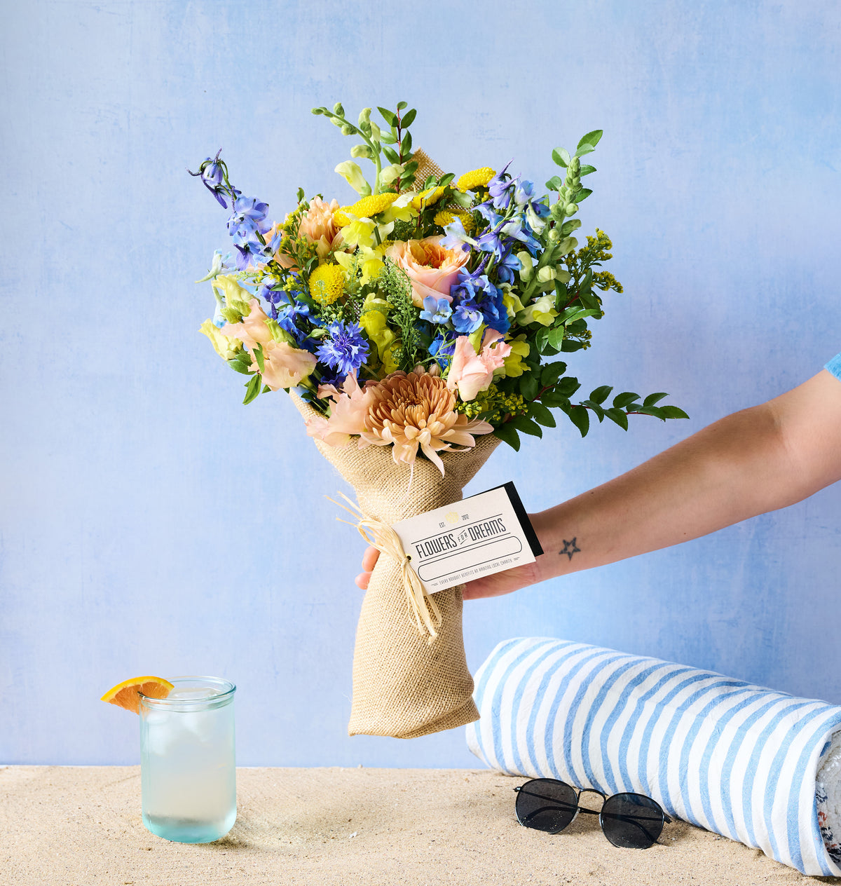 Lakeshore bouquet featuring fresh blue, white, and seasonal blooms inspired by the beauty of the Midwest lakeshore