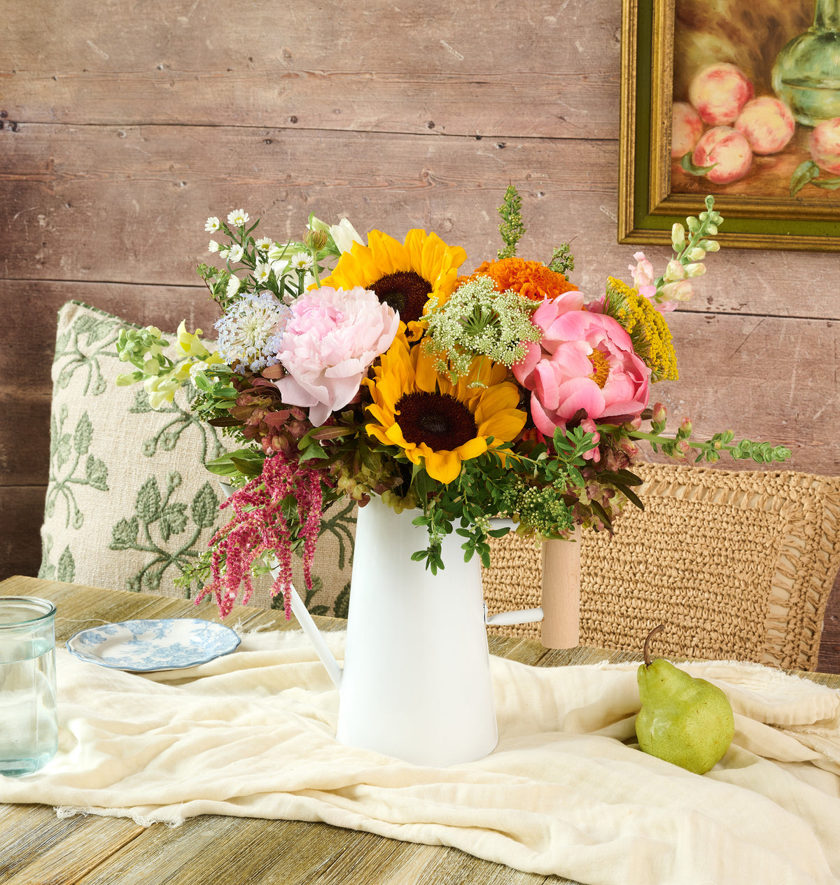 Farm flower arrangement with fresh seasonal blooms in a rustic handcrafted design