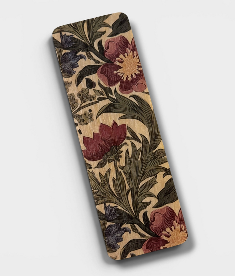 Rectangular wooden bookmark with dark botanical floral print featuring peonies and leaves
