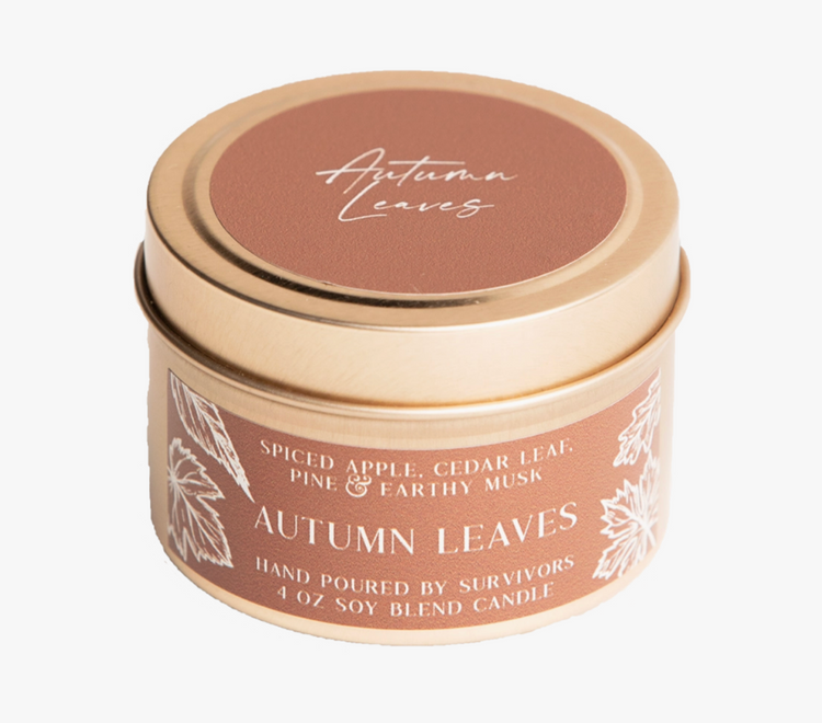 Autumn Leaves 4oz soy blend candle in gold tin, scented with spiced apple, cedar leaf, pine, and earthy musk