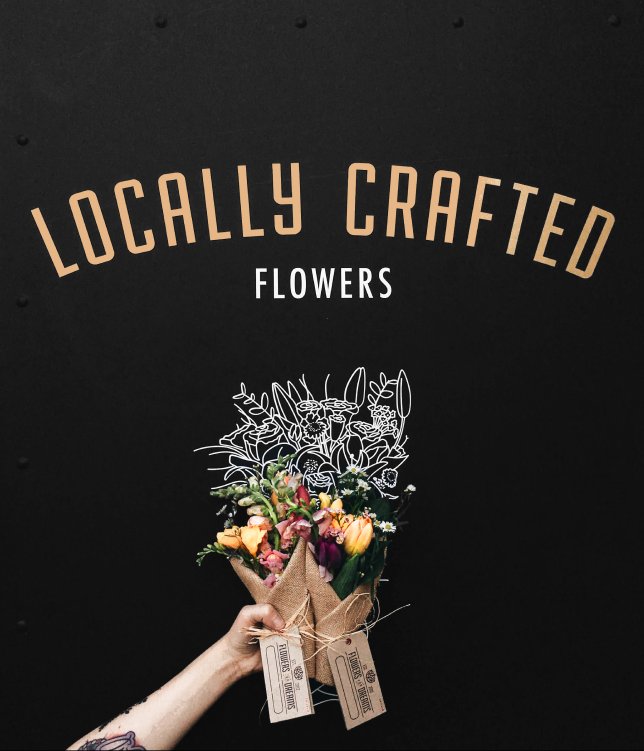 Bouquet of flowers held by a hand with 'Locally Crafted Flowers' text on a black background