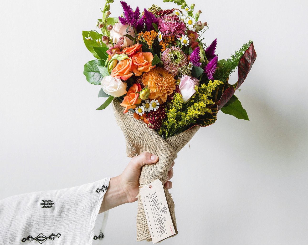 Hand holding a colorful bouquet of flowers with a plain background